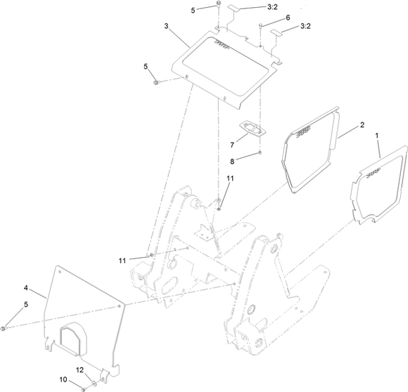 Toro Dingo 1000 Narrow Track Side Screens Diagram for Model 22327 with Serial Number 411900000 Through 412549819