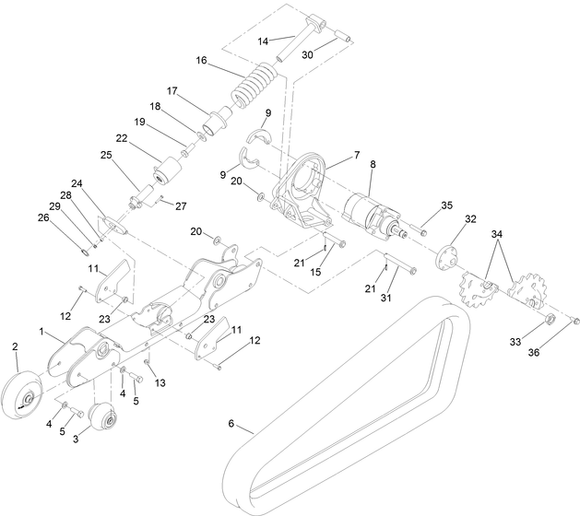 Toro Dingo TX 1000 Narrow Track Left Hand Sprocket Style Track Diagram for Model 22327's with the Sprocket Style Track System with Serial Number 400000000 Through 409549999